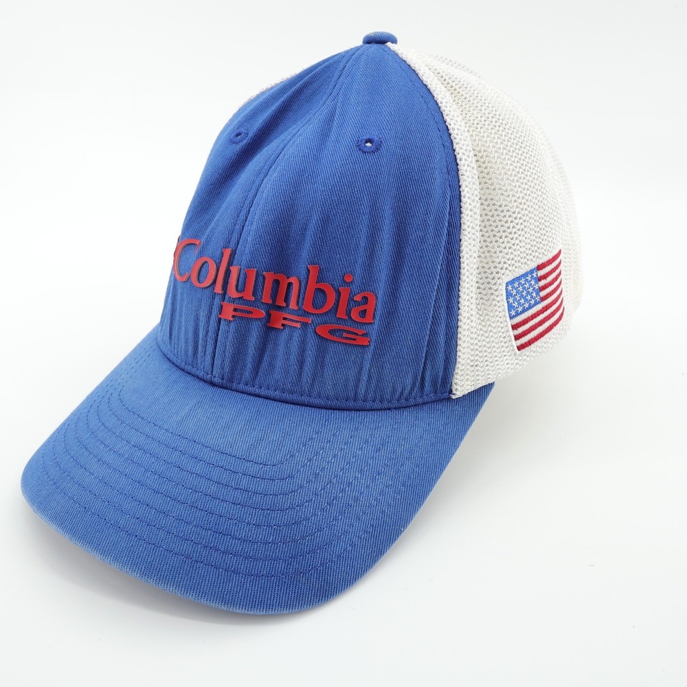 Columbia PFG Fishing Trucker Hat Blue Mesh American Flag Logo Flexfit Size‎ L XL